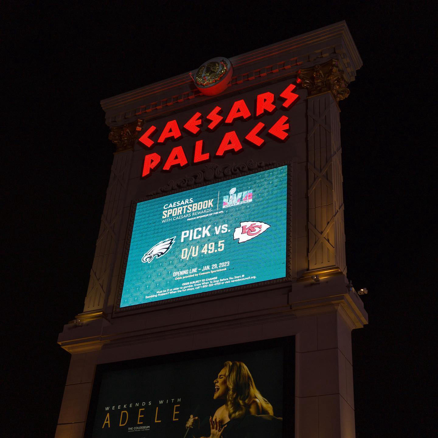 image  1 Our opening Super Bowl odds debuted on the #CaesarsPalace marquee last night